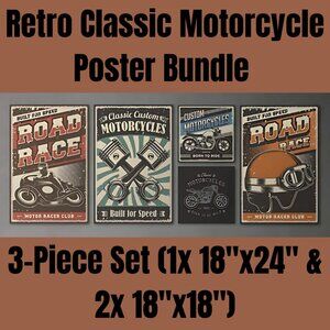 Retro Classic Motorcycle Poster Bundle – 3-Piece Set (1x 18"x24" & 2x 18"x18")